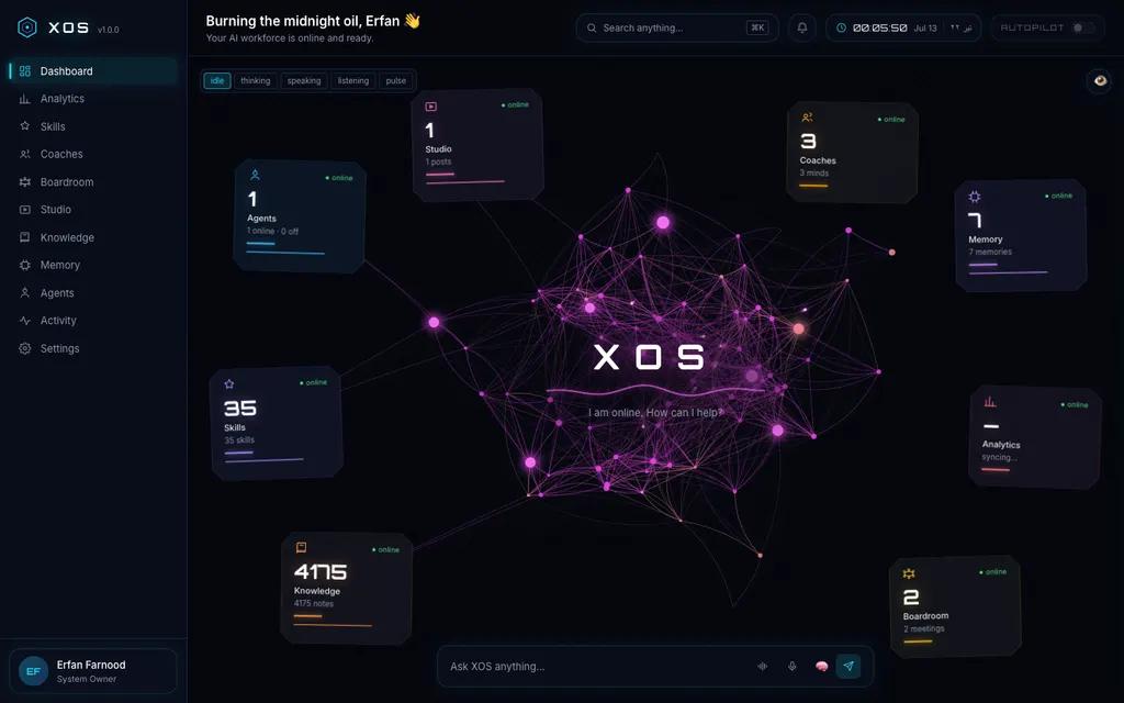 داشبورد XOS — سیستم‌عامل ایجنتیک شخصی