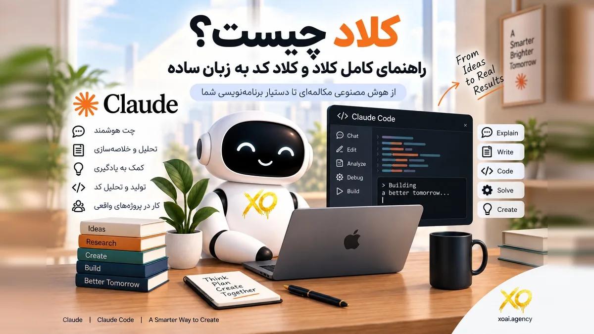 کاور مقاله کلاد چیست؛ ربات سفید XO پشت مکبوک در دفتر روشن